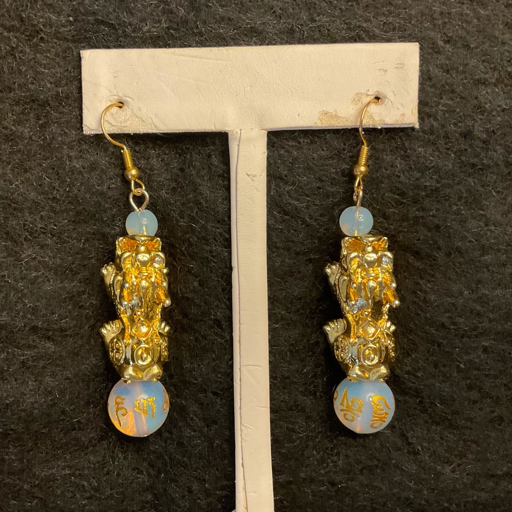 PI XIU FUNG SHUI EARRINGS OPALITE BEADS